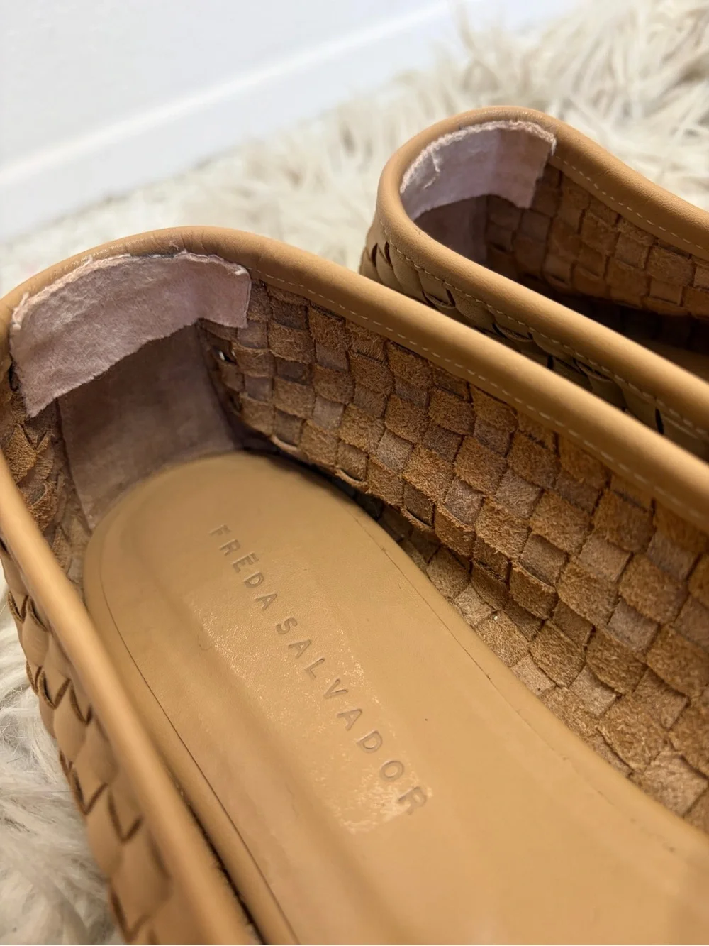 Freda Salvador Jada Tan Woven Leather Square Toe Bow Flats, Size 10